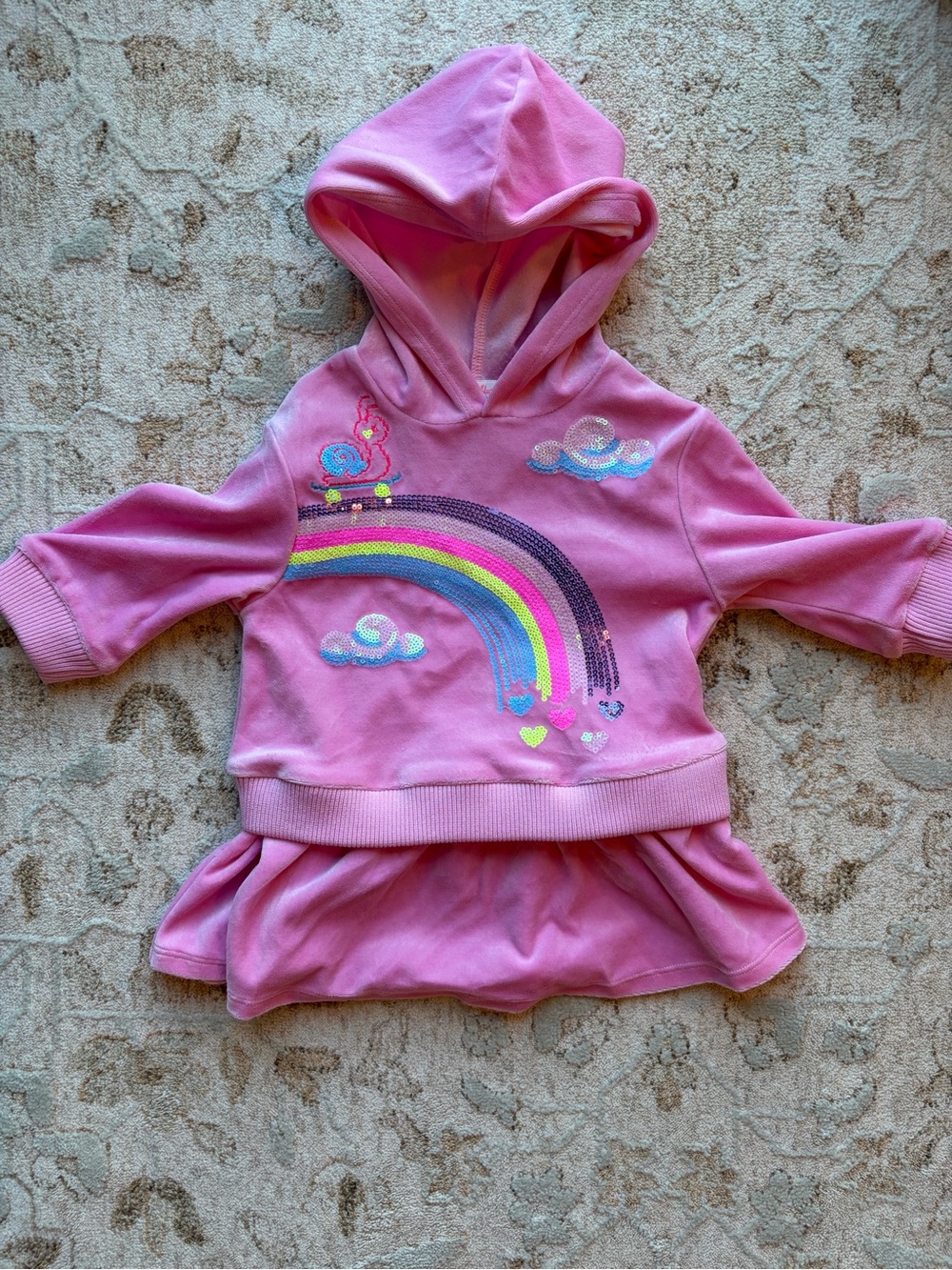 Billieblush Sequin Rainbow Velvety Hooded Ruffle Trim Long Sleeve Dress